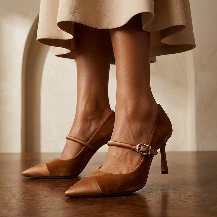 Velvet Pointed Buckle Pumps