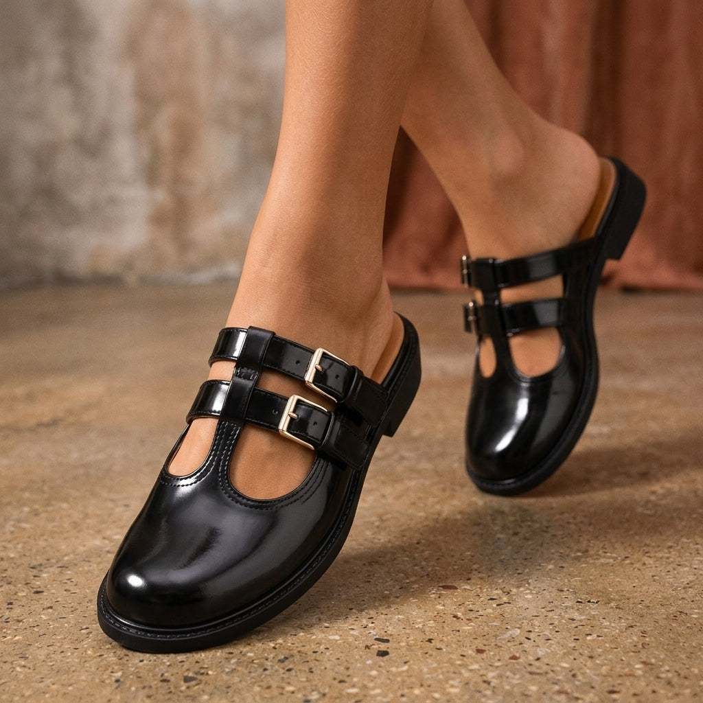 Valeria Double-Buckle Leather Mules - Black