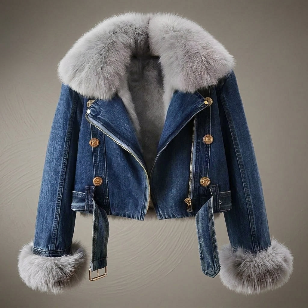 MONROE FUR COLLAR DENIM JACKET - Deep Blue Denim