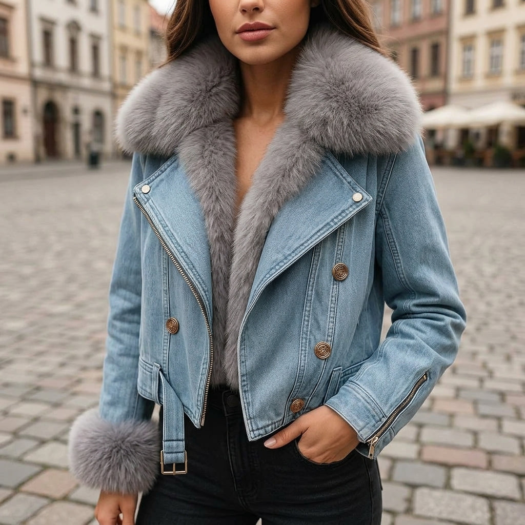 MONROE FUR COLLAR DENIM JACKET - Light Wash Denim