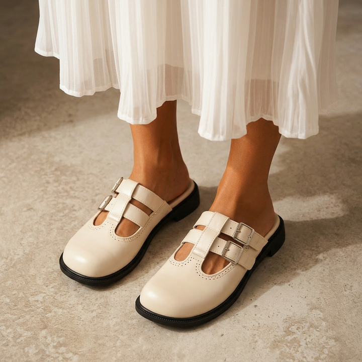 Valeria Double-Buckle Leather Mules