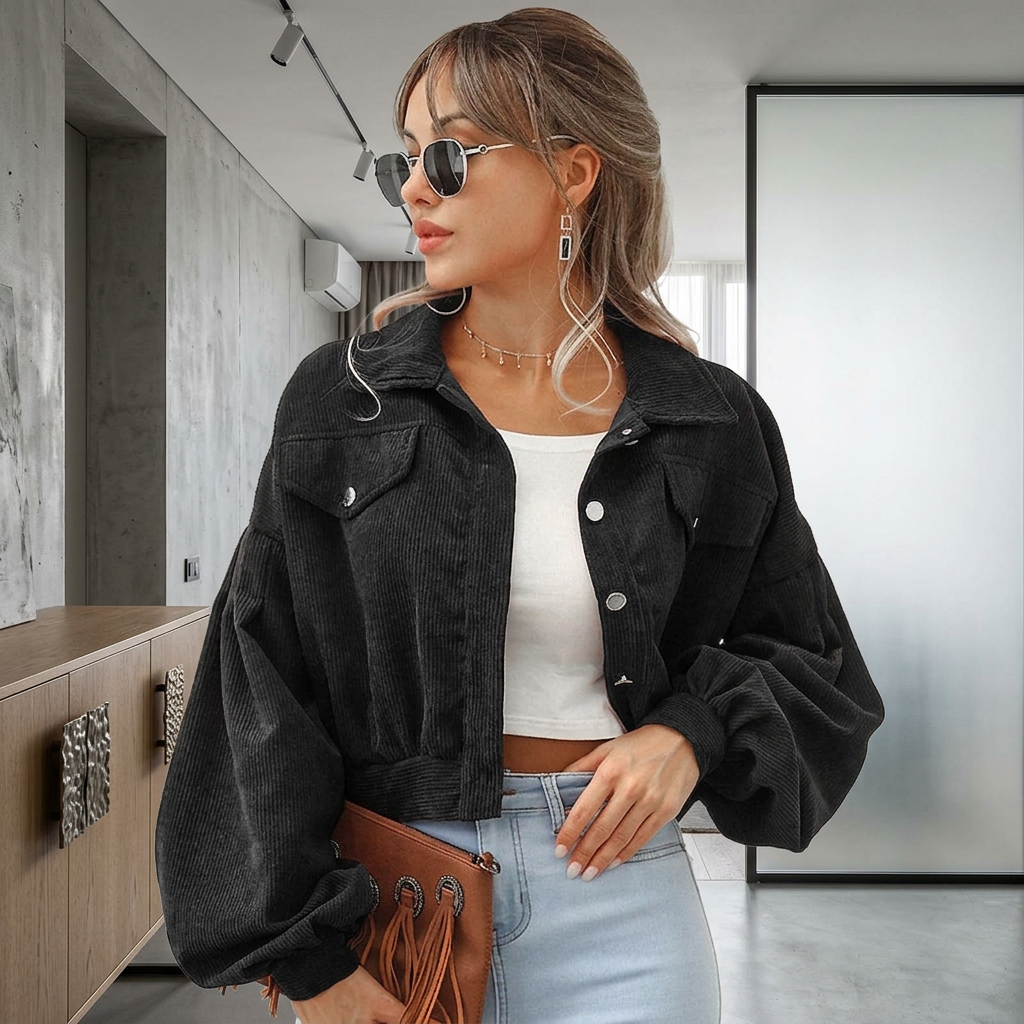 ASHBOURNE CROPPED CORDUROY JACKET - Onyx