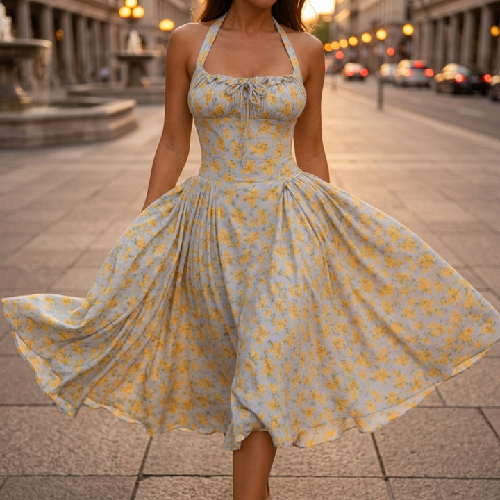 Rosalia Midi Dress - blue and yellow floral
