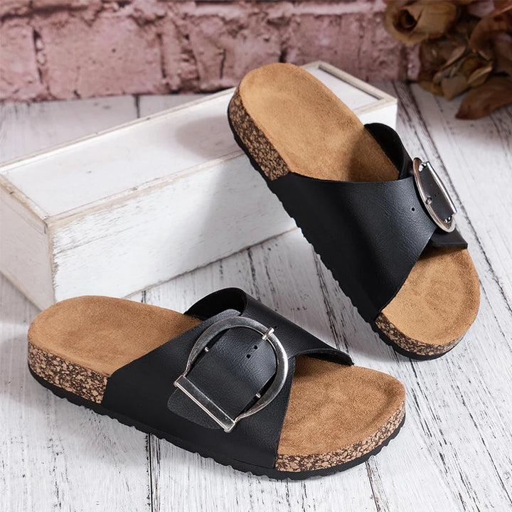 Solid Buckle Flat Slippers