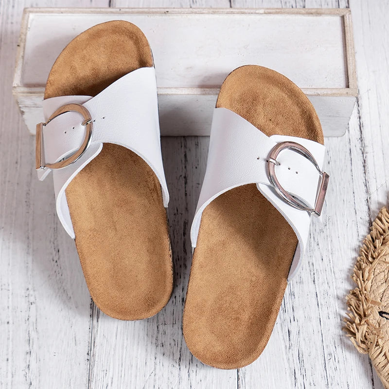 Solid Buckle Flat Slippers