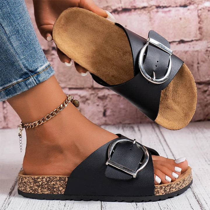 Solid Buckle Flat Slippers