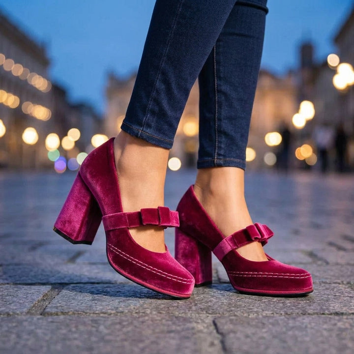VALENTINA VELVET HEELS - Wine Red