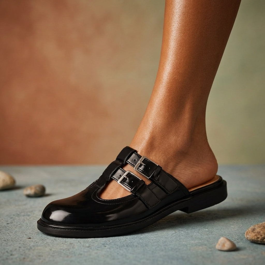 Valeria Double-Buckle Leather Mules